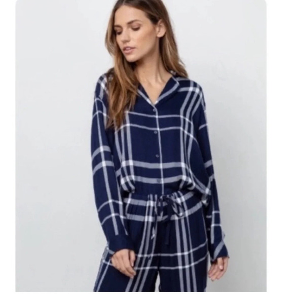 Rails Long Sleeve Trouser Pajama Top Shirt Navy Blue White Plaid Flannel XS - Picture 3 of 16